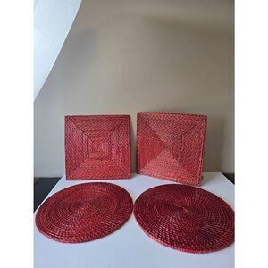 Rattan Placemats Set Red 2 Round 2 Square
